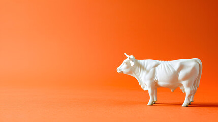 A cute cow figurine on an orange background, in a minimalist style with a simple design. Copy space for text