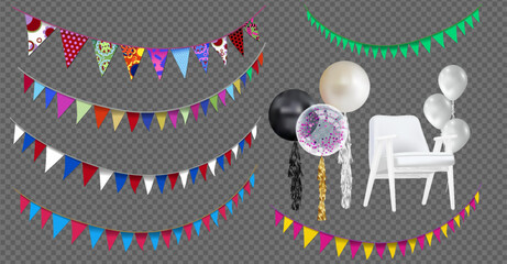 Carnival garland with flags. Decorative colorful party pennants for birthday celebration, festival and fair decoration.