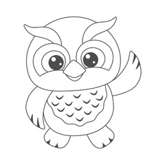 Owl waving its wing . Coloring page for fun. Greeting card for friend.