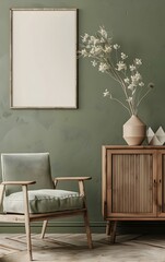 A green wall with an empty poster frame above the armchair, a beige and sage color palette, a Scandinavian style of interior design