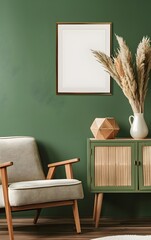 A green wall with an empty poster frame above the armchair, a beige and sage color palette, a Scandinavian style of interior design