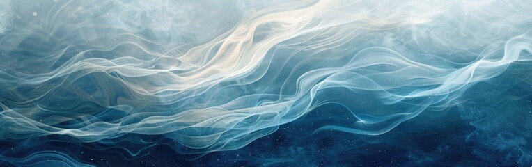 A painting featuring blue and white waves on a blue background, creating a dynamic and vibrant scene