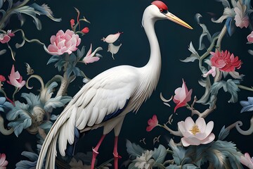 A graceful crane amid a profusion of flowering flowers that are rich in nectar—a sight full of beauty and bounty.Painting Painting Showing the Wonders of the Underwater World with a White Crane in the