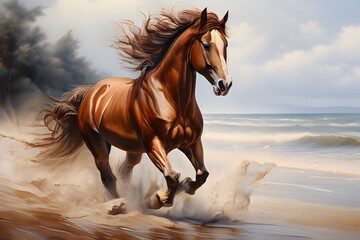 a painting that shows a chestnut horse galloping down the shore.A brown horse galloping freely on the beach, a horse on the beach racing in freedom


