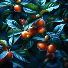 A kumquat tree with ripe and unripe fruit. The leaves are dark green and glossy, the fruit is a deep orange. The background is out of focus and dark