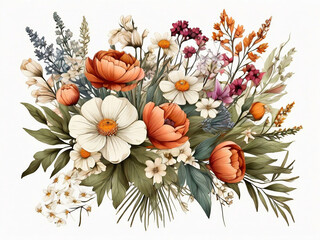 botanical illustration rustic meadow flowers round bouquet floral ornament square kerchief wild arrangement nature clip art isolated on white background