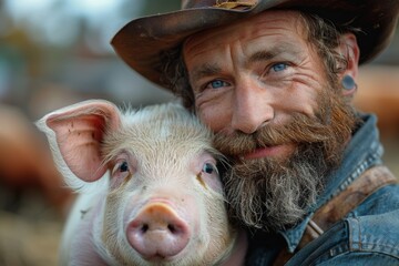A rugged man with a beard warmly embraces a pig, showcasing a close bond between the two