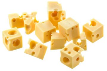 Swiss cheese cubes isolated on white background


