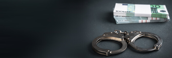 handcuffs and money on black background, stock photo, criminal concept