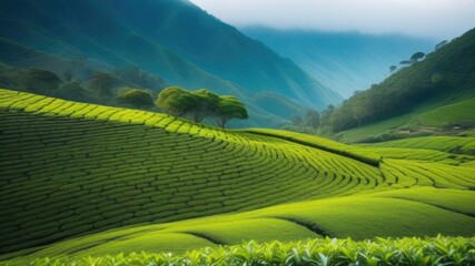 Fototapeta premium Amazing landscape view of tea plantation in sunset/sunrise time. Nature background with blue sky and foggy, a lot of green plants, copy space