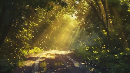 Shafts of sunlight pierce through the dense foliage, illuminating patches of the roadside in a soft, golden glow, a scene straight out of a dream.