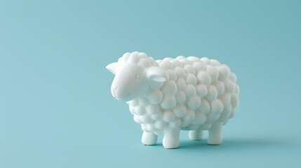 A cute sheep figurine on an blue background, in a minimalist style with a simple design. Copy space for text