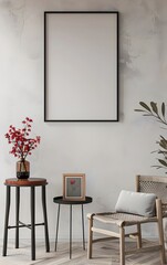 A large, blank wall with an empty picture frame hanging on it