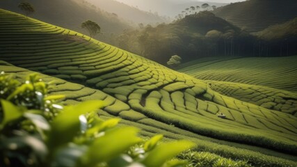 Amazing landscape view of tea plantation in sunset/sunrise time. Nature background with blue sky and foggy, a lot of green plants, copy space