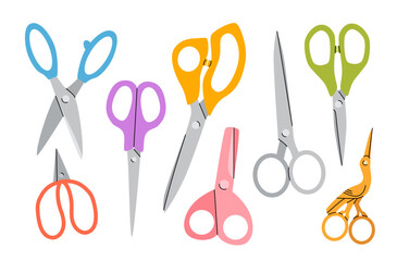 Set of open and closed scissors. Equipment for sewing, cutting, grooming, creativity. Colorful scissors of various sizes and shapes. Vector stock illustration on isolated white background.