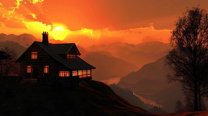 Silhouetted against a fiery sunset, a mountaintop retreat casts a long shadow over the valley...