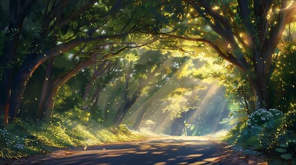 Sunlight filters through a canopy of leaves, casting dappled shadows onto the roadside, painting a...