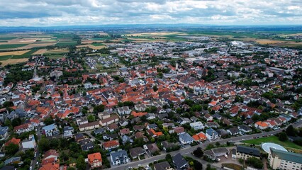 Aerial of the city Grünstadt on a sunny day in spring Germany	
