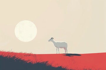 A lone sheep under a large moon, standing on a contrasting red ground.