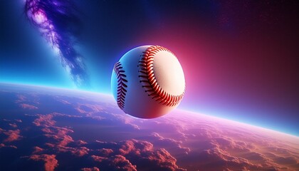 A baseball floating in the Milky Way, in the distance you can see a black hole, 3D, 4K, dim sunlight