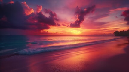  A secluded beach at sunset, where the sky is ablaze with hues of orange and pink, casting a warm glow over the tranquil scene below
