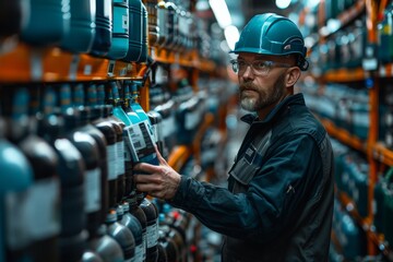 A bearded man in safety gear examines products on shelves in an industrial warehouse, focus on safety and inventory management
