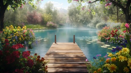  A serene lakeside scene, with a wooden pier stretching out into the calm waters, framed by vibrant...