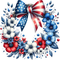 Watercolor Wreath with Ribbon Clipart for July 4th and Memorial Day Watercolor Graphics: Vintage American Celebrations. Patriotic Watercolor Illustrations: Independence Day and Memorial Day Artwork