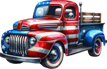 Watercolor Vintage Truck Clipart for July 4th and Memorial Day Watercolor Graphics: Vintage American Celebrations Flag. Patriotic Watercolor Illustrations Independence Day and Memorial Day Artwork