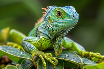 Obraz premium An inquisitive Green Iguana explores its leafy surroundings, providing a glimpse into its natural habitat