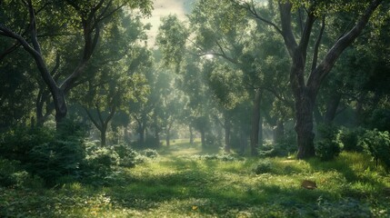  A tranquil forest scene, with sunlight filtering through the dense canopy to illuminate a carpet of lush greenery below
 - Powered by Adobe