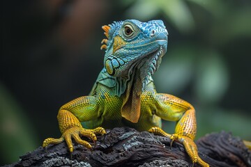 Fototapeta premium A majestic Green Iguana posing with confidence amidst a natural backdrop, displaying its regal bearing