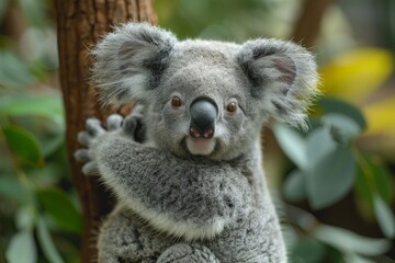 Obraz premium Close-up of an adorable koala with fluffy ears holding onto a tree, with a curious facial expression