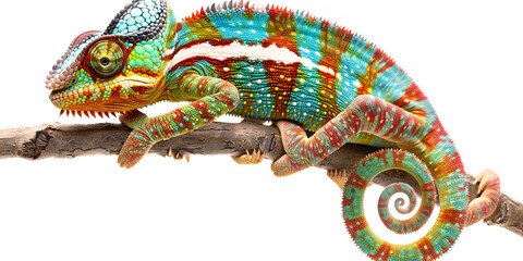 A colorful chameleon sits on a branch with white background