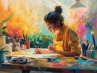 Creative Girl Painting in Workshop