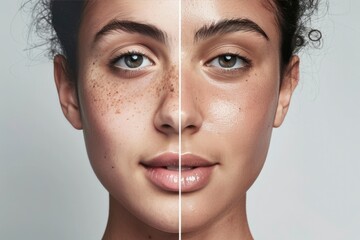 The two faces are of a woman with a slight difference in their skin tone. The left face has a few freckles, while the right face has a smoother complexion. The woman's eyes are also different