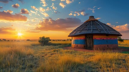 Traditional African Village House at Sunset