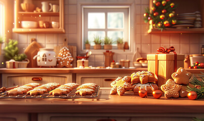 Warm festive kitchen with gingerbread cookies and Christmas decor. Generate AI