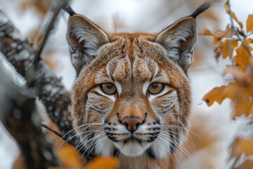 Obraz premium A lynx looks out intently through branches with autumn leaves, representing alertness and the changing seasons