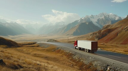 A red semi truck is driving down a road in a desert. The mountains in the background create a sense of isolation and vastness