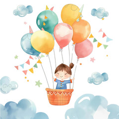 Mała dziewczynka fruwa w powietrzu w koszyku zawieszonym na balonach w różnych kolorach
