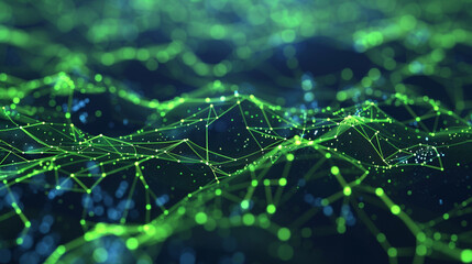 Glowing green artificial intelligence neural paths on a midnight blue background, symbolizing complex data connections in high detail.