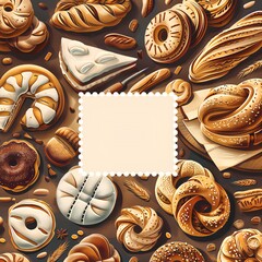 Graphical color wallpaper with pastries  and copy space for text. Bakery menu design, AI generation