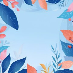 Blue wallpaper design with frame with leaves and copy space in the middle, eco friendly design. AI