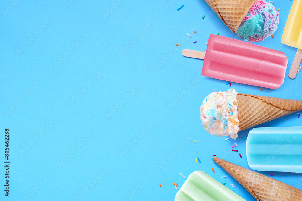 Poster assortment of colorful pastel ice cream cones and popsicle summer frozen desserts. overhead view sid