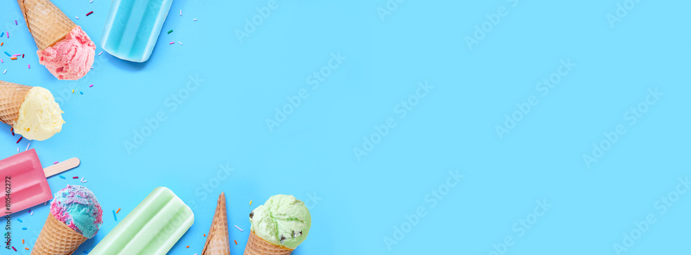 Poster assorted colorful pastel ice cream cones and popsicle summer frozen desserts. top view corner border