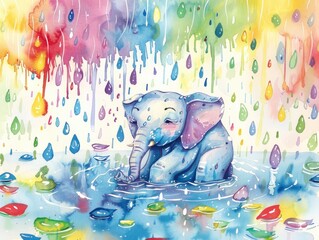 Obraz premium A colorful elephant is sitting in a body of water. The water is splashing and the elephant appears to be enjoying the rain