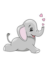 Lying happy baby elephant with hearts
