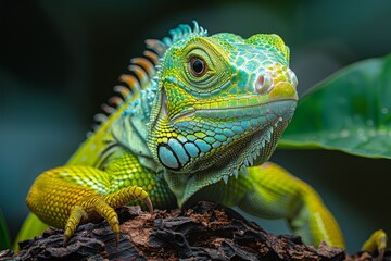 Fototapeta premium A detailed closeup of a vibrant green iguana with intricate scales and bright yellow markings resting on a wooden branch