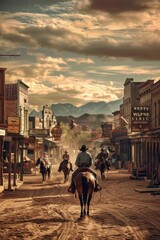 Wild west retro movie western city town with cowboys